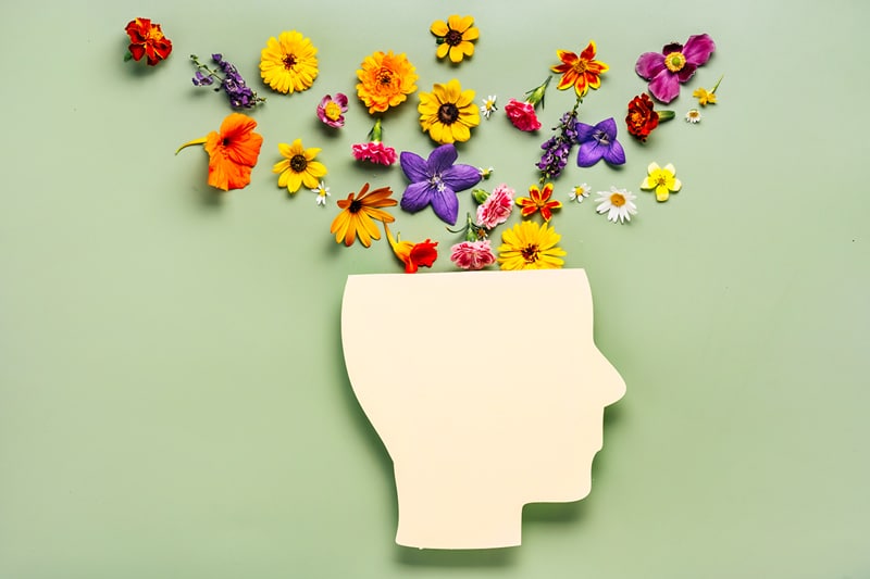 Hypnosis making brain blossum Hypnosis making brain blossum with colorful flowers
