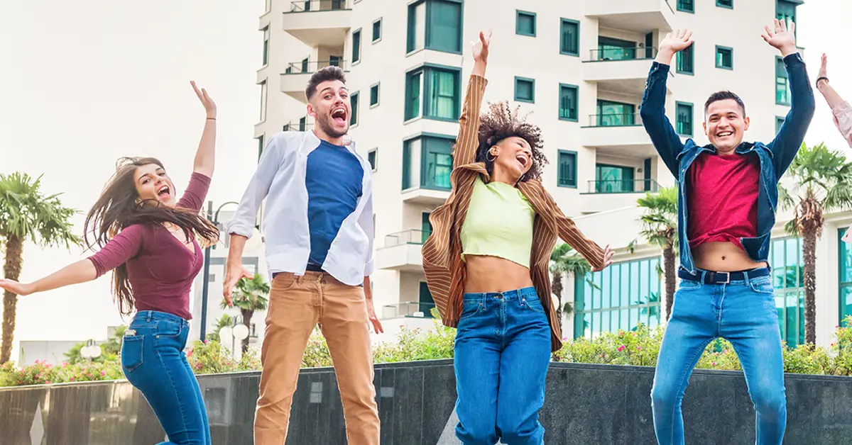 Students jumping after hypnotherapy for confidence & self-esteem Students jumping in joy after having hypnotherapy for confidence & self-esteem